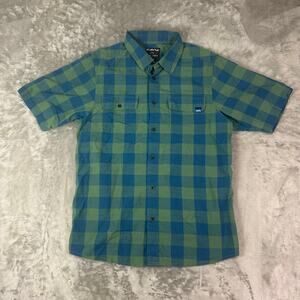 Kavu Faze Daze green/blue plaid casual short sleeve button up mens Medium